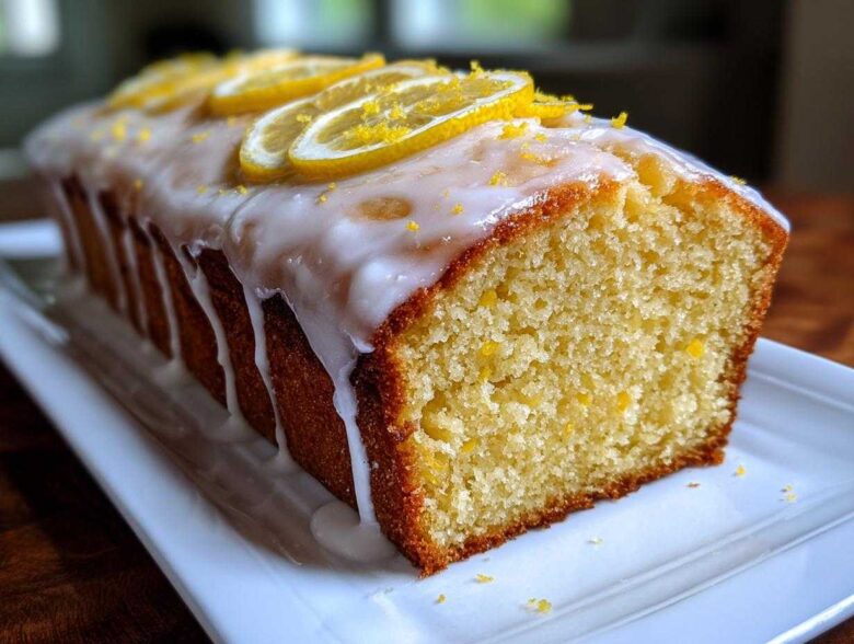 A moist loaf of Copycat Starbucks Iced Lemon Loaf, drizzled with thick white icing and topped with lemon slices.