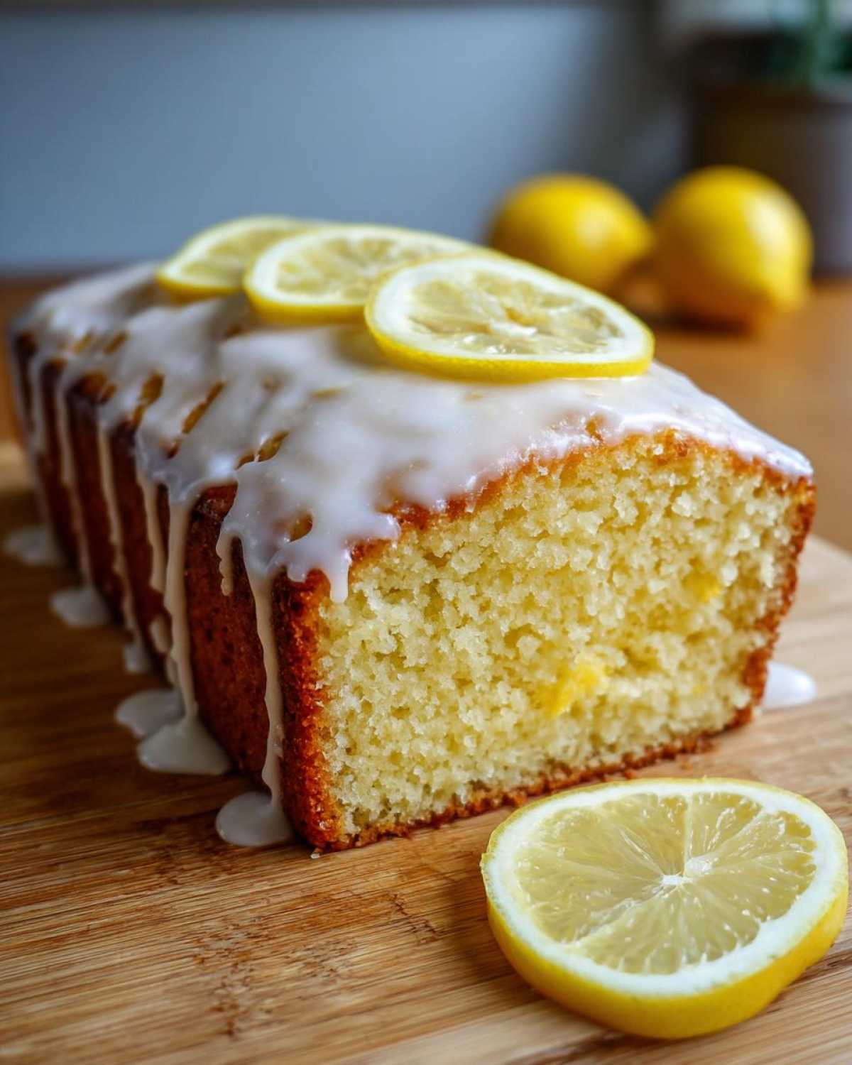 A moist slice of Copycat Starbucks Iced Lemon Loaf topped with thick white glaze and lemon slices.