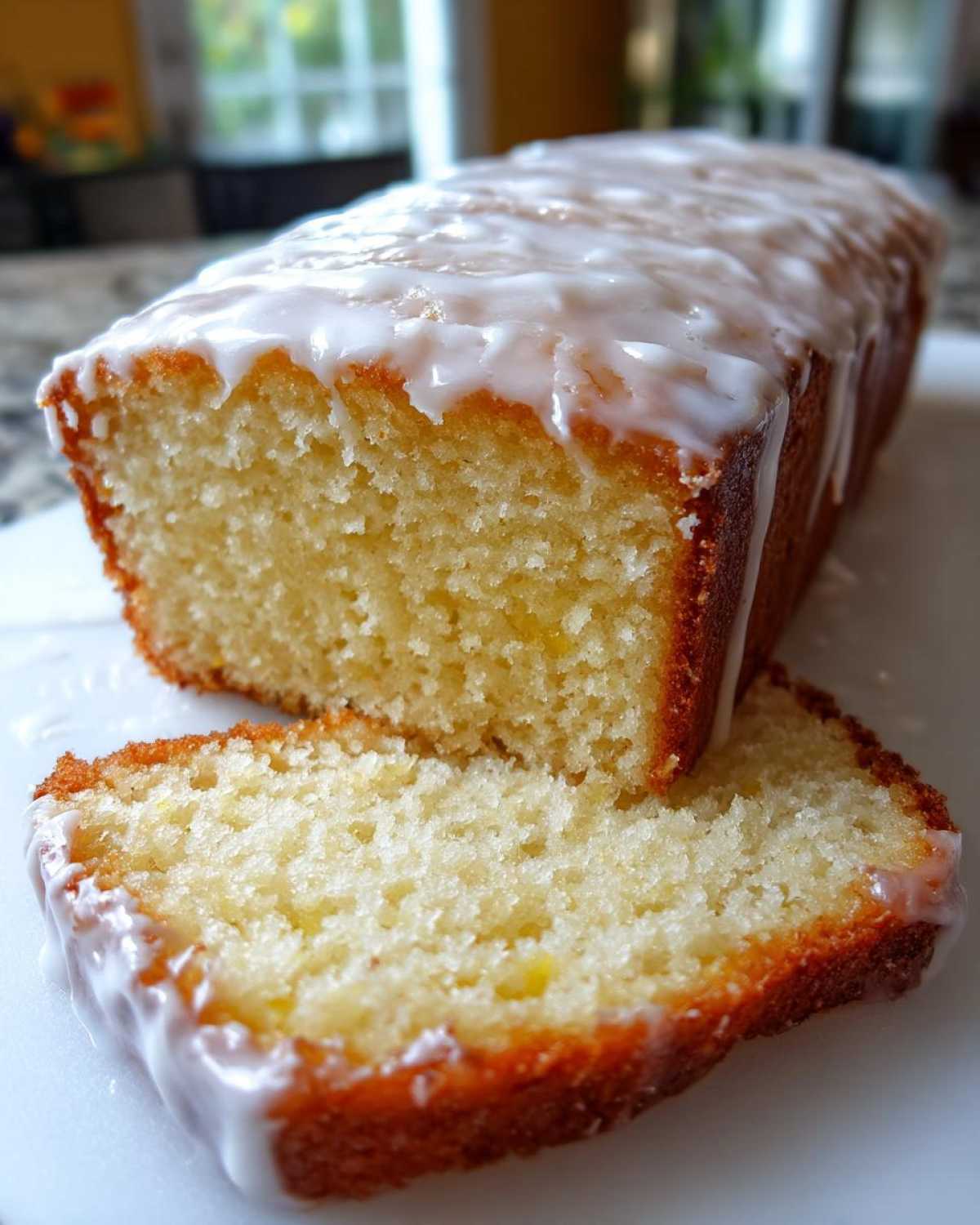 Close-up of a slice cut from a Copycat Starbucks Iced Lemon Loaf, showing the moist crumb and thick white glaze.