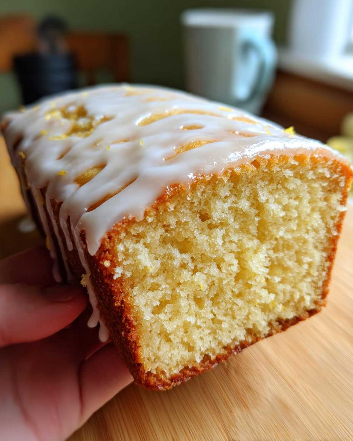Close-up of a hand holding a slice of moist Copycat Starbucks Iced Lemon Loaf with thick white glaze.