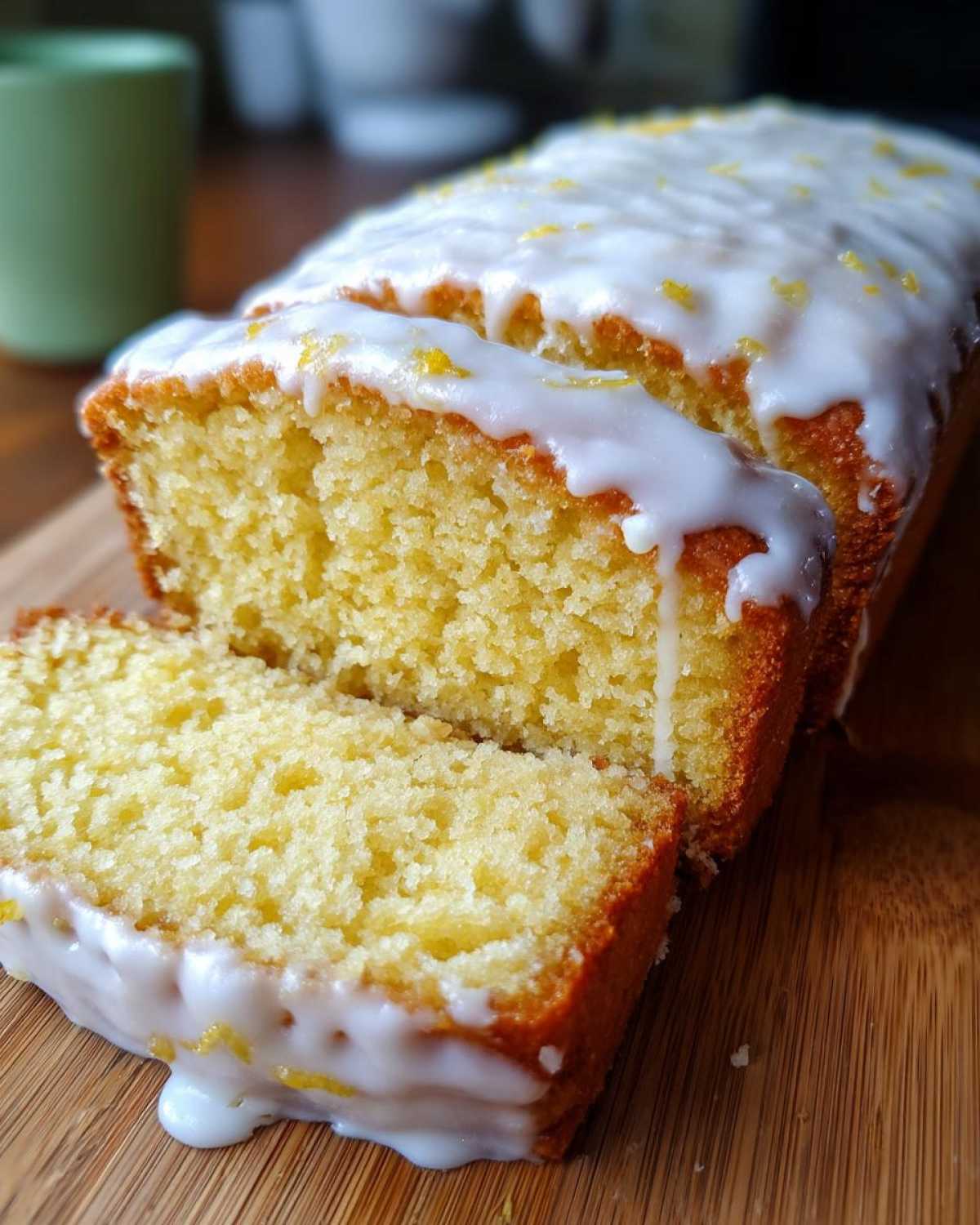 Close-up of a moist Copycat Starbucks Iced Lemon Loaf, sliced and drizzled with thick white lemon icing and zest.
