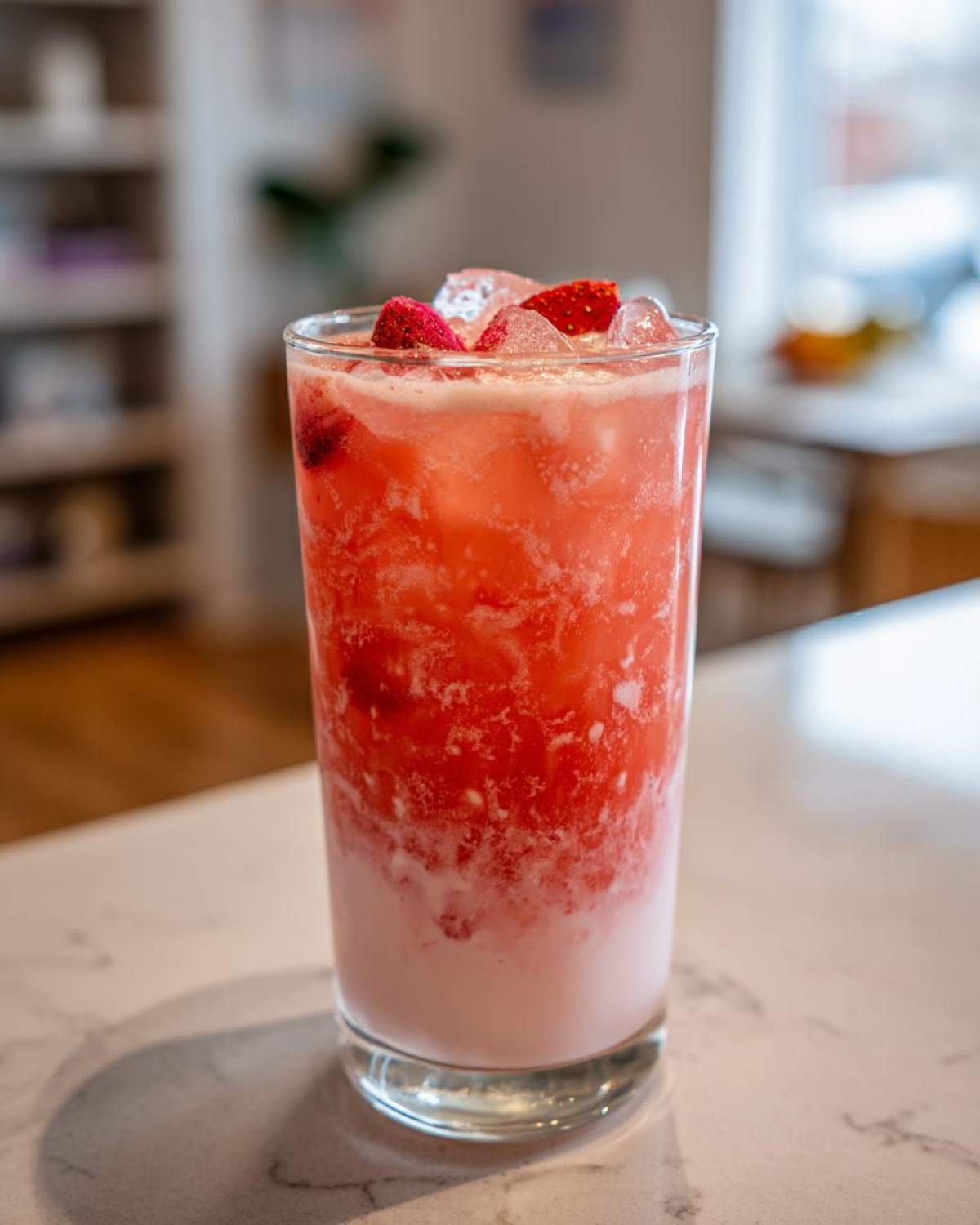 A tall glass of Copycat Starbucks Pink Drink layered with pink strawberry mixture and white coconut milk, topped with ice and strawberry pieces.