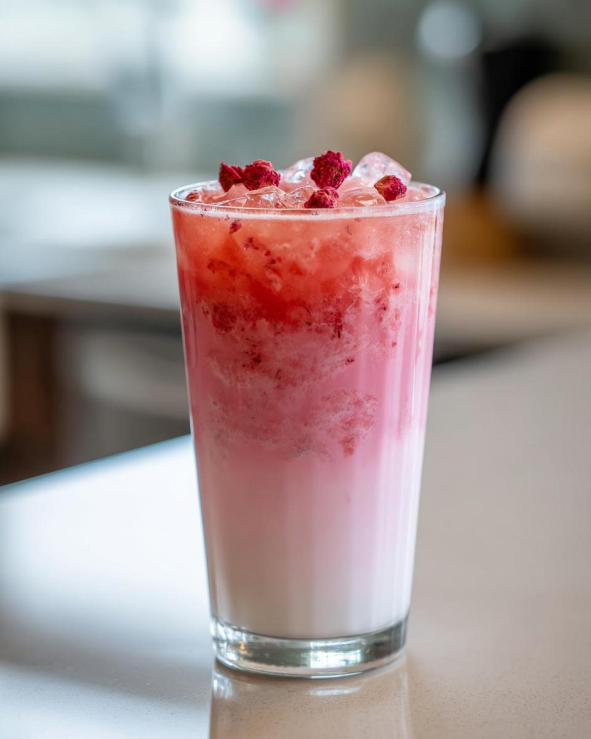 Close-up of a tall glass filled with a layered Copycat Starbucks Pink Drink, topped with ice and freeze-dried berries.
