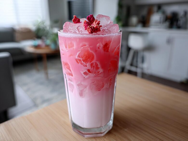 A tall glass filled with a layered Copycat Starbucks Pink Drink, featuring pink liquid, ice cubes, and dried fruit garnish.