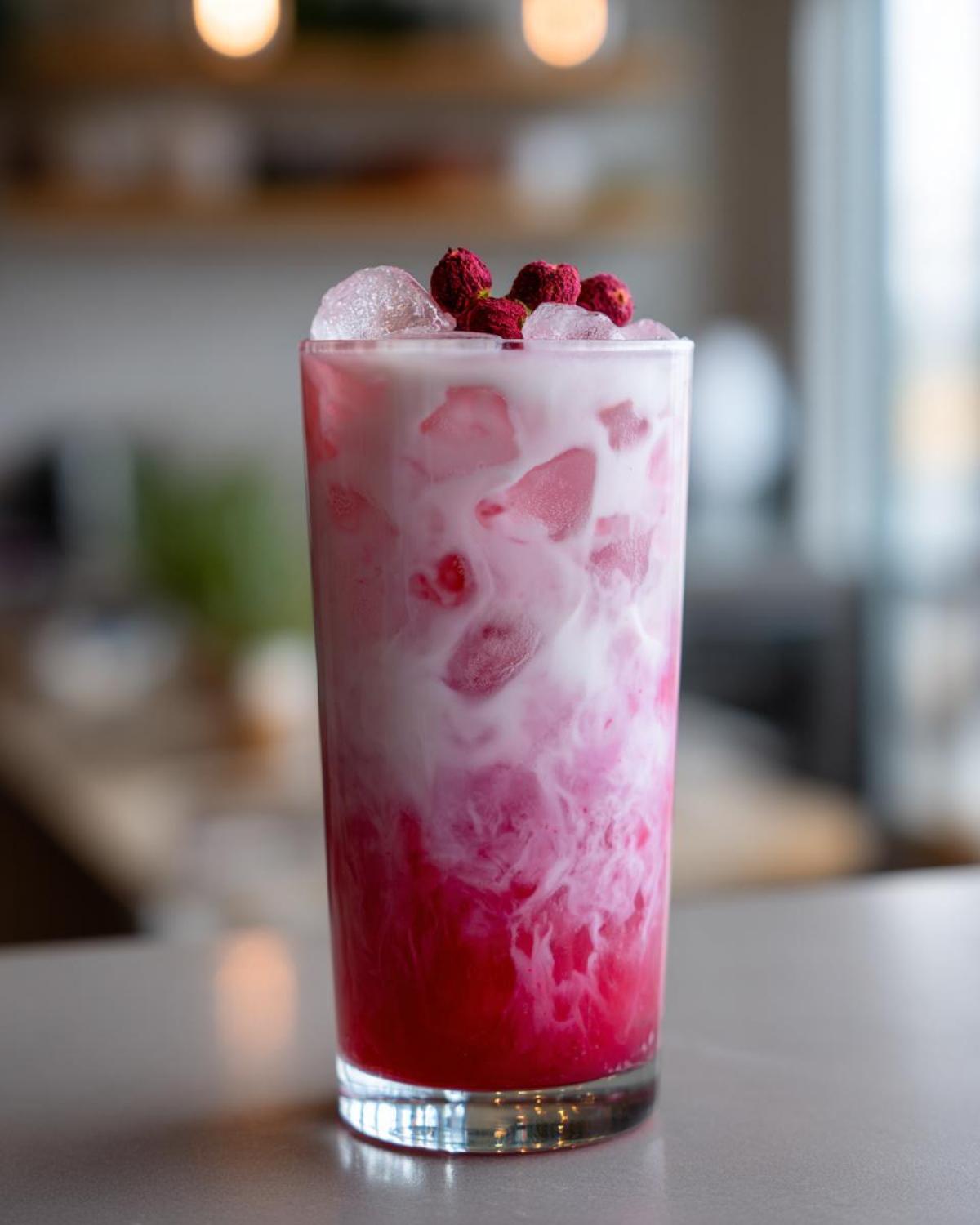 A tall glass of Copycat Starbucks Pink Drink showing vibrant pink syrup mixing with white coconut milk, topped with ice and dried raspberries.