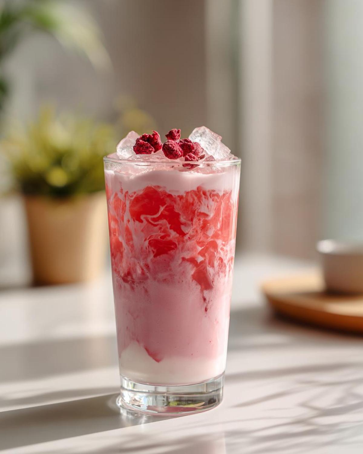 Close-up of a tall glass containing a layered Copycat Starbucks Pink Drink, topped with ice and freeze-dried raspberries.
