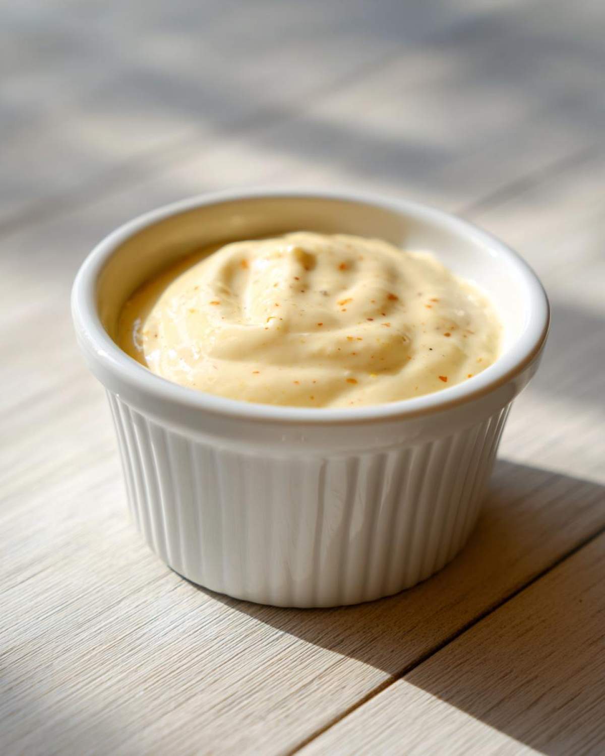 A small white ramekin filled with creamy Copycat Taco Bell Chicken Quesadilla Sauce, speckled with spices.