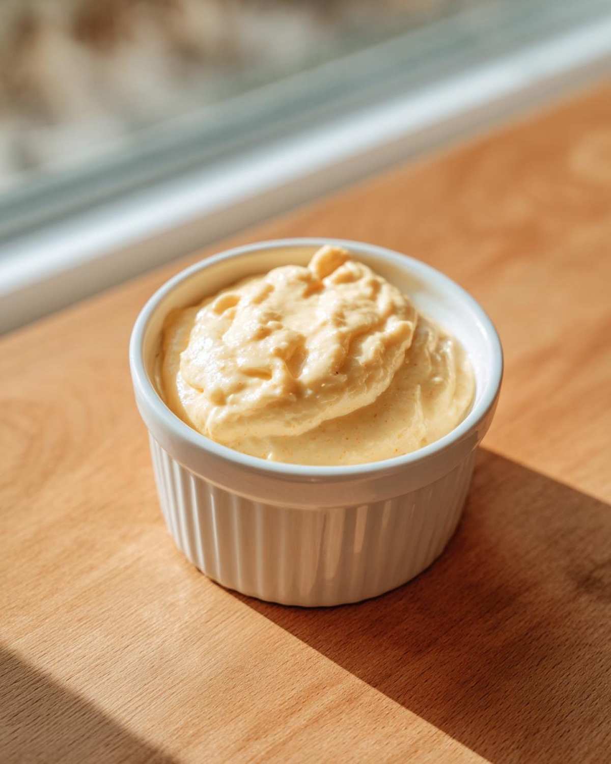 Creamy, orange-yellow Copycat Taco Bell Chicken Quesadilla Sauce served in a white fluted ramekin.