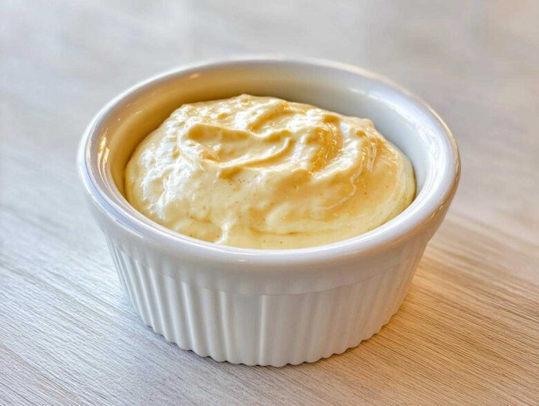 Close-up of creamy Copycat Taco Bell Chicken Quesadilla Sauce in a small white ramekin.