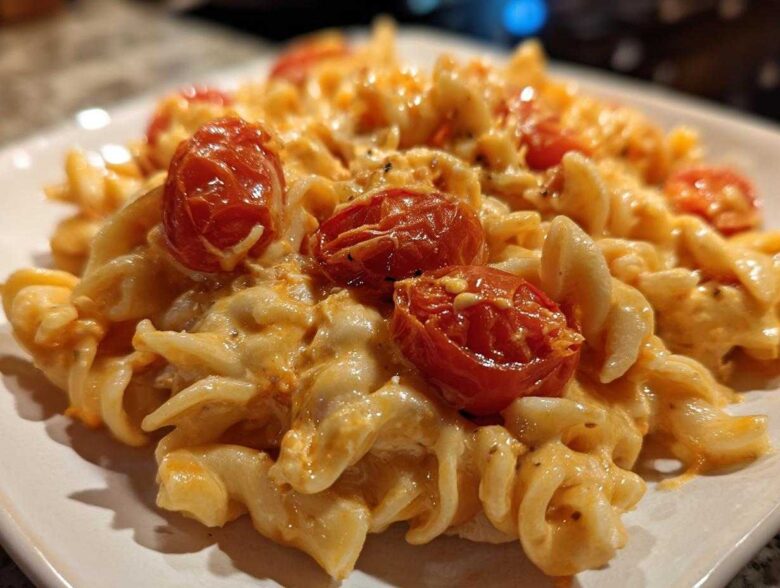 Close-up of creamy Baked Feta Pasta with fusilli noodles coated in orange sauce and topped with roasted cherry tomatoes.