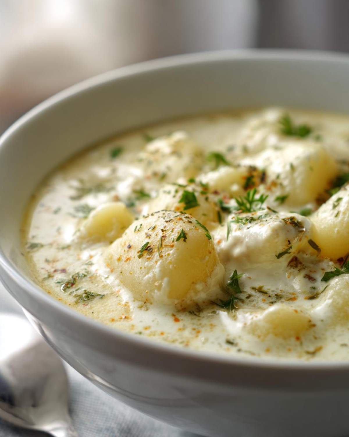 A close-up of a white bowl filled with rich, creamy chicken gnocchi soup, topped with parsley and spices.