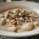 Close-up of a white bowl filled with rich Creamy Chicken Gnocchi Soup, featuring chicken pieces, gnocchi, and carrots, topped with fresh herbs.