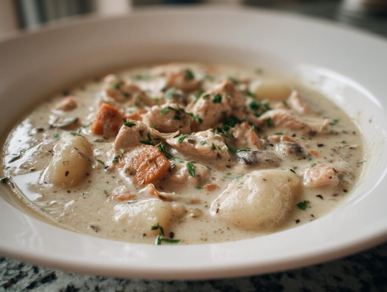 Close-up of a white bowl filled with rich Creamy Chicken Gnocchi Soup, featuring chicken pieces, gnocchi, and carrots, topped with fresh herbs.