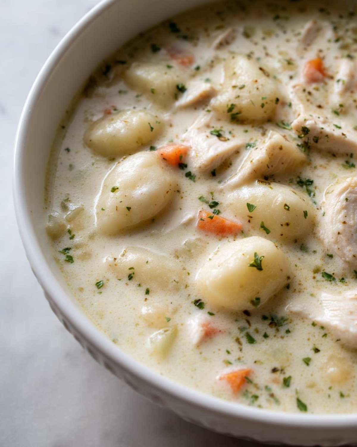 A close-up shot of rich, creamy chicken gnocchi soup featuring soft gnocchi, shredded chicken, carrots, and parsley garnish.