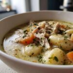 A close-up view of a white bowl filled with rich Creamy Chicken Gnocchi Soup, showing shredded chicken, soft gnocchi, and sliced carrots.