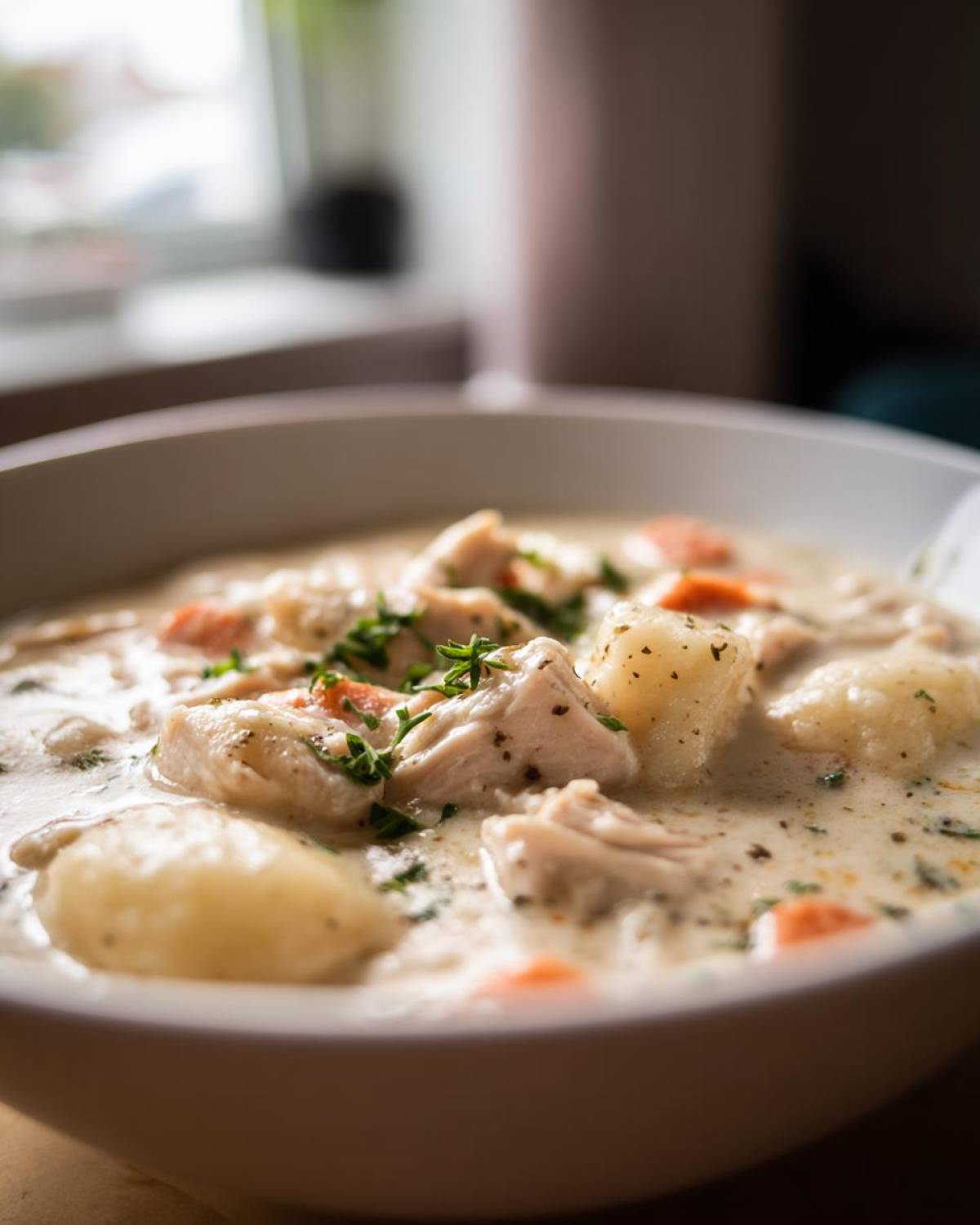 Close-up of a white bowl filled with rich Creamy Chicken Gnocchi Soup, featuring tender chicken pieces and soft gnocchi.