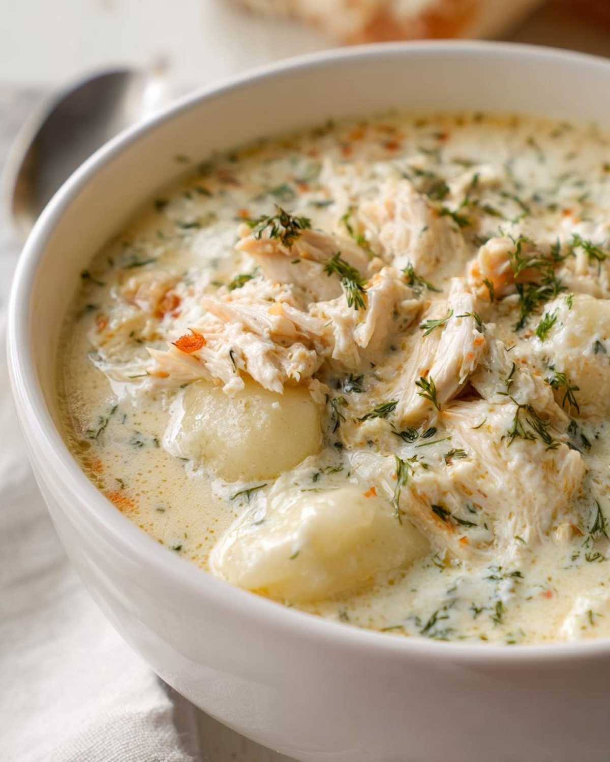 A close-up of a white bowl filled with rich, Creamy Chicken Gnocchi Soup, topped with shredded chicken and fresh herbs.