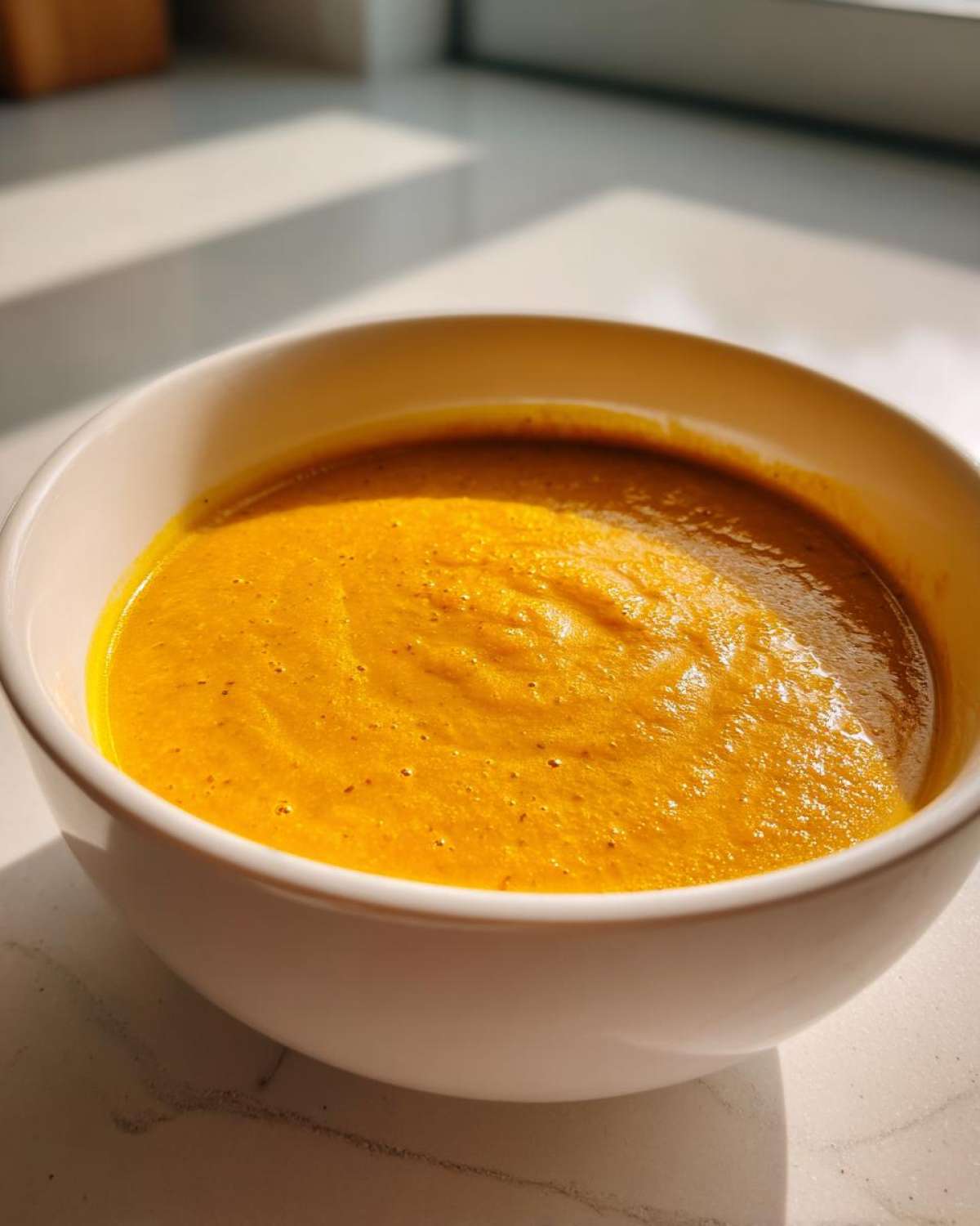 A close-up of a white bowl filled with vibrant, thick Creamy Coconut Lentil Soup, highlighted by bright sunlight.