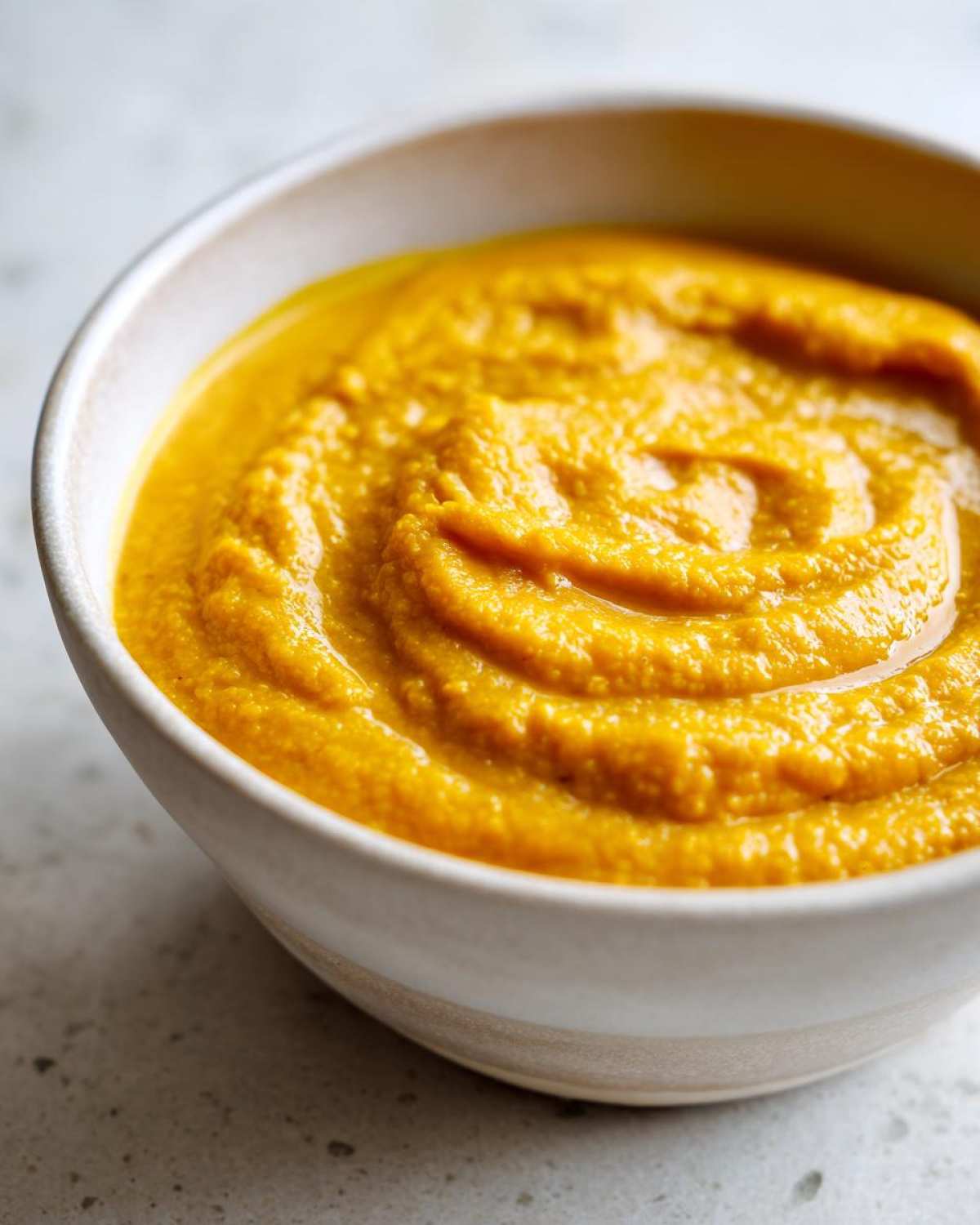 Close-up of thick, vibrant orange Creamy Coconut Lentil Soup swirled in a white ceramic bowl.
