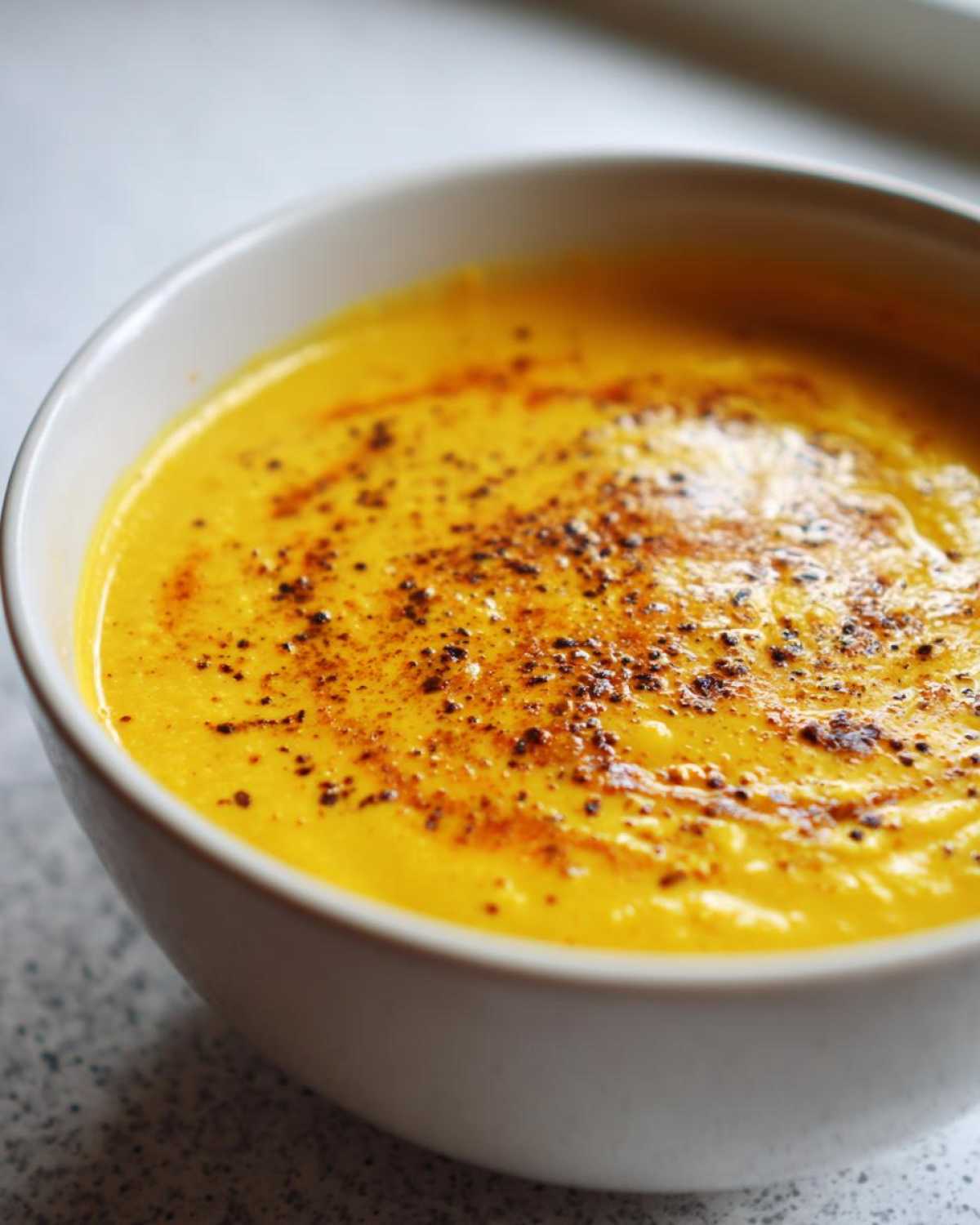 Close-up of a vibrant yellow Creamy Coconut Lentil Soup topped with swirls of paprika and cracked black pepper.