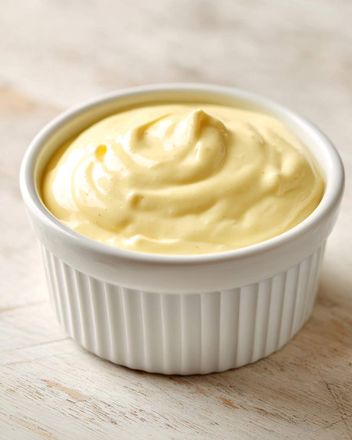 Close-up of thick, creamy Copycat Taco Bell Chicken Quesadilla Sauce in a white fluted ramekin.