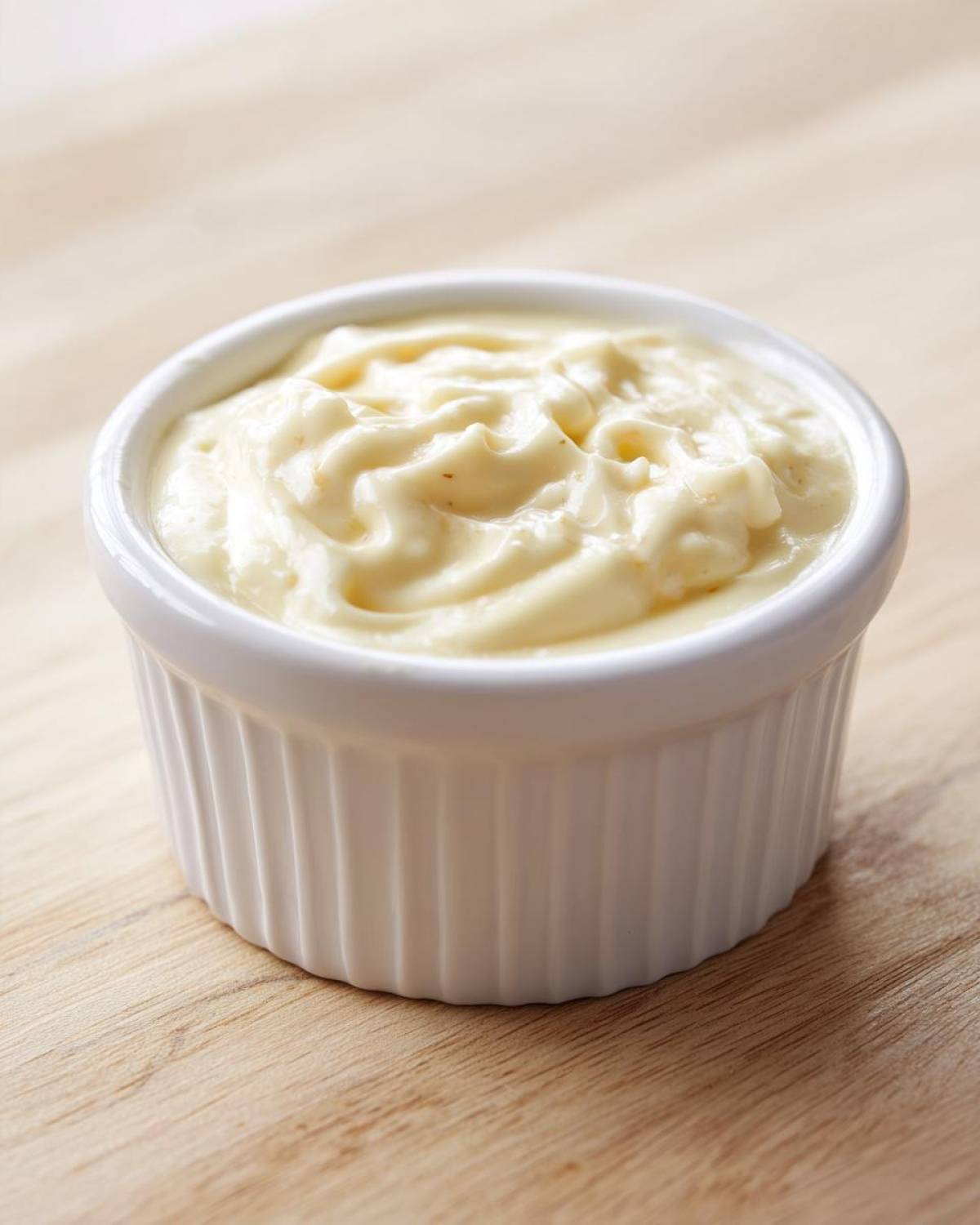 A small white ramekin filled with creamy Copycat Taco Bell Chicken Quesadilla Sauce on a wooden surface.