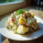 A mound of Creamy Dill Potato Salad featuring yellow potatoes, red onion chunks, and fresh dill garnish, served on a white plate.