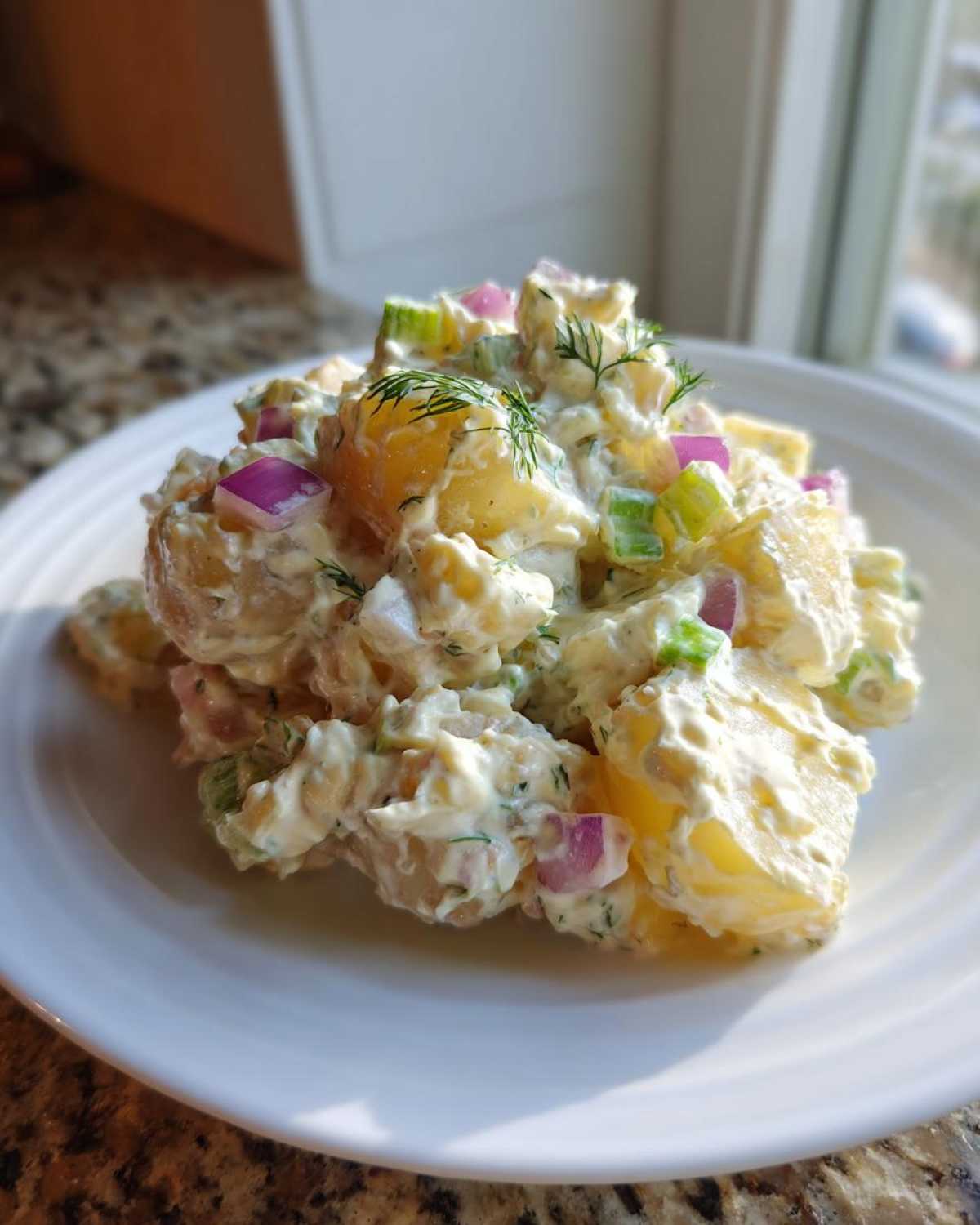 A scoop of Creamy Dill Potato Salad featuring yellow potatoes, red onion, celery, and fresh dill on a white plate.