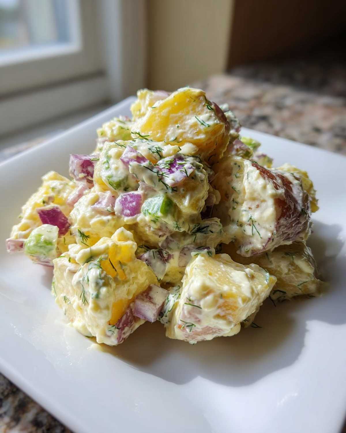 A close-up of a serving of creamy dill potato salad featuring chunks of yellow potato, red onion, and fresh dill.