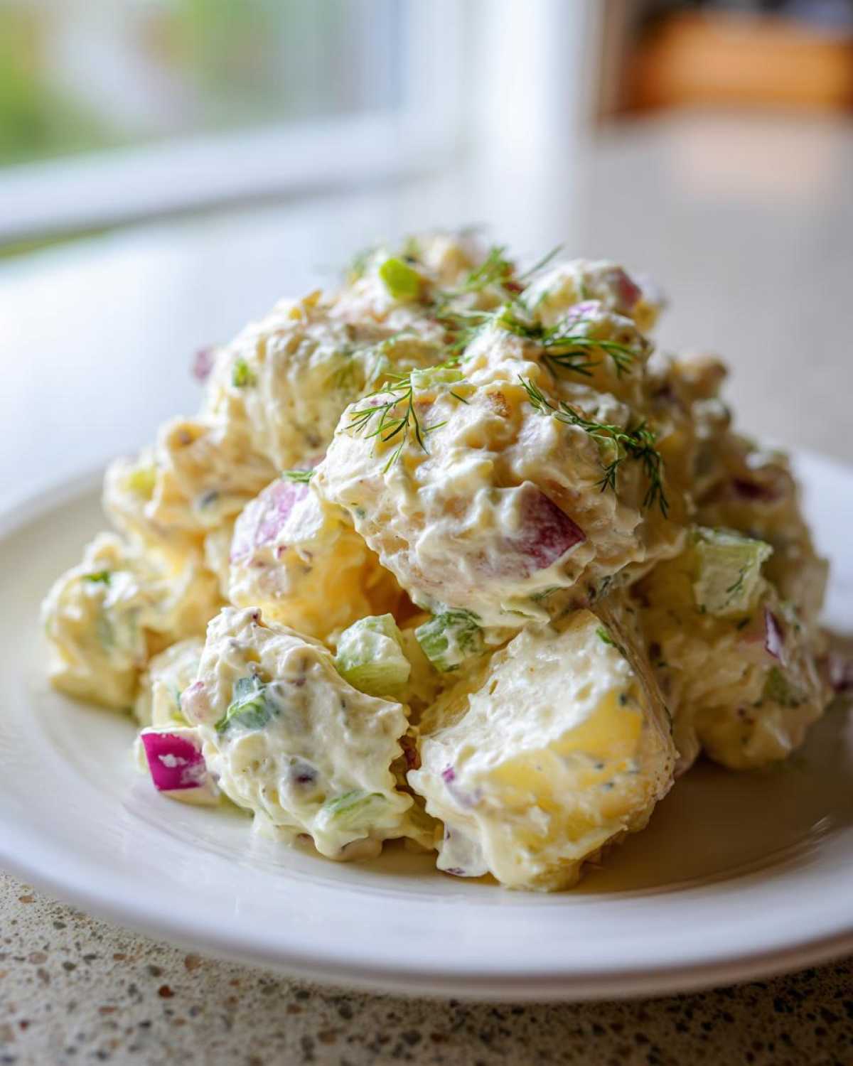 A mound of creamy dill potato salad featuring chunks of potato, red onion, celery, and fresh dill garnish.
