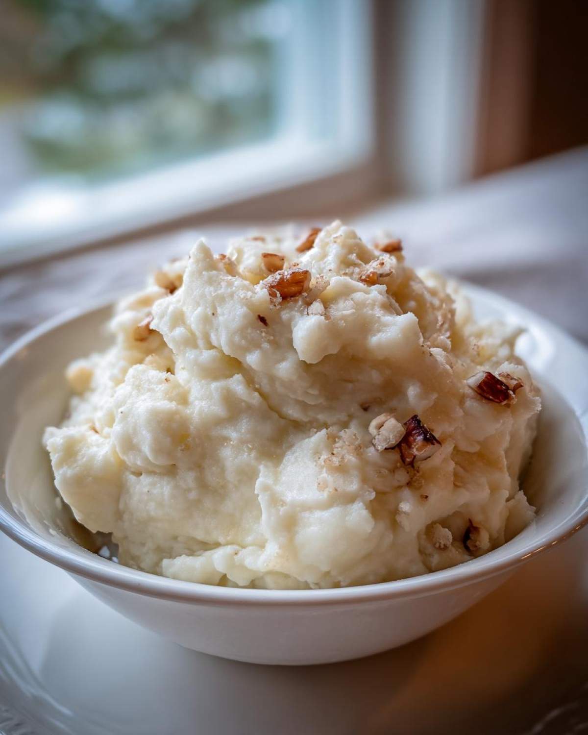 A white bowl filled with fluffy Creamy Garlic Mashed Cauliflower topped with chopped nuts.