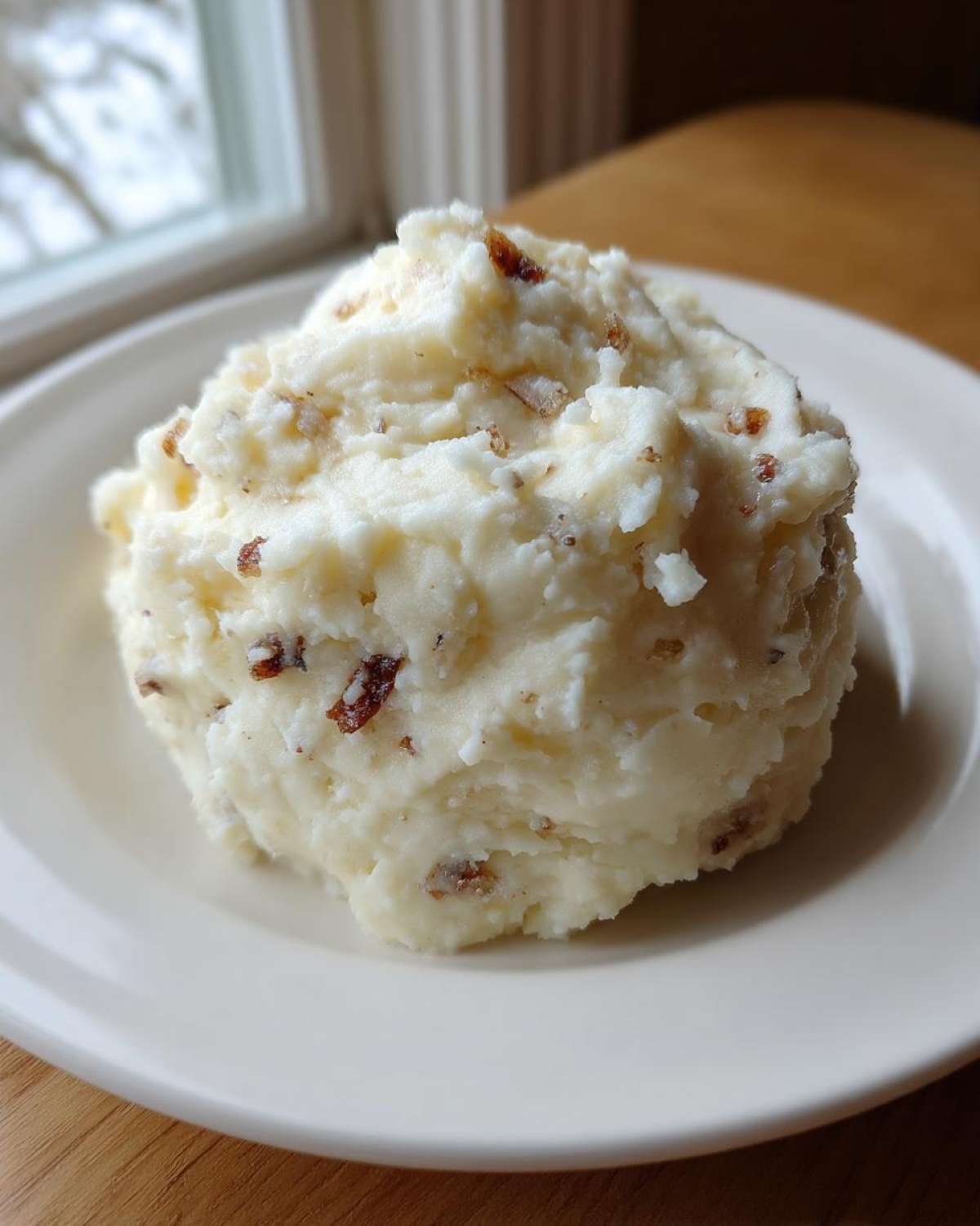 A scoop of Creamy Garlic Mashed Cauliflower topped with browned bits, served on a white plate.
