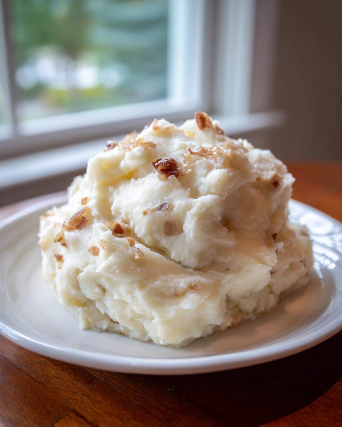 A mound of Creamy Garlic Mashed Cauliflower topped with browned bits, served on a white plate.