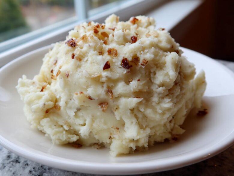 A generous scoop of Creamy Garlic Mashed Cauliflower topped with crispy bits, served on a white plate.
