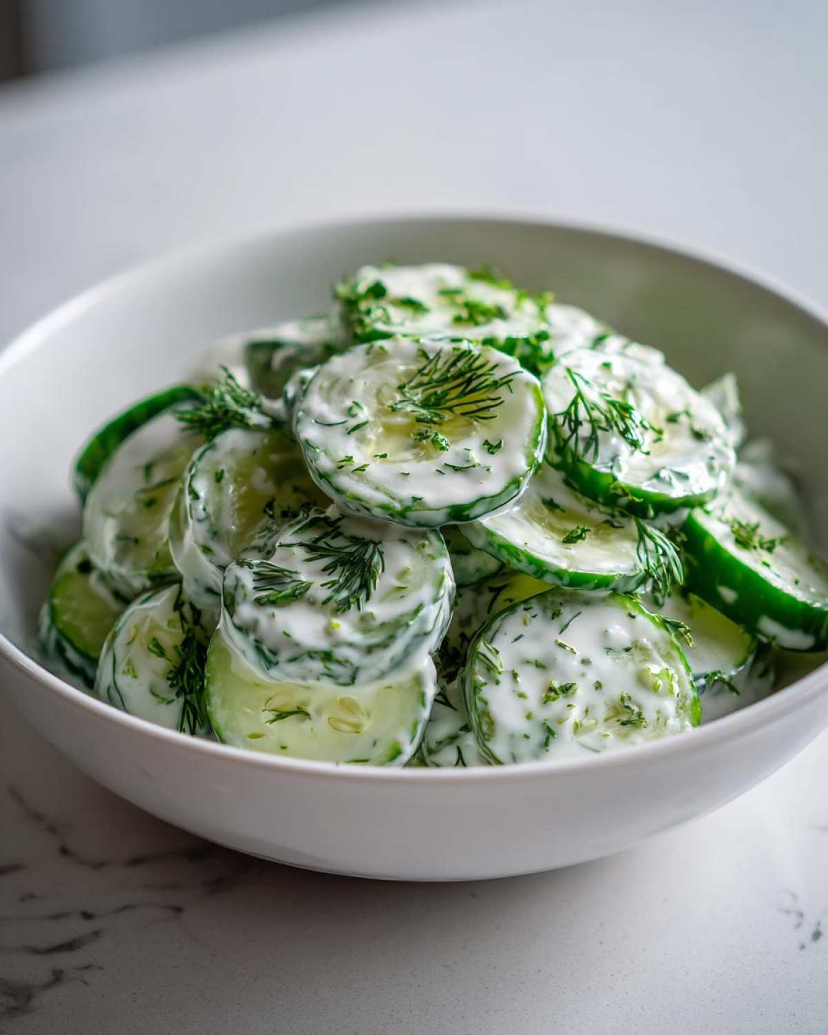 Close-up of sliced cucumbers coated in a creamy white dressing and fresh dill, ready to serve as Creamy German Cucumber Salad.