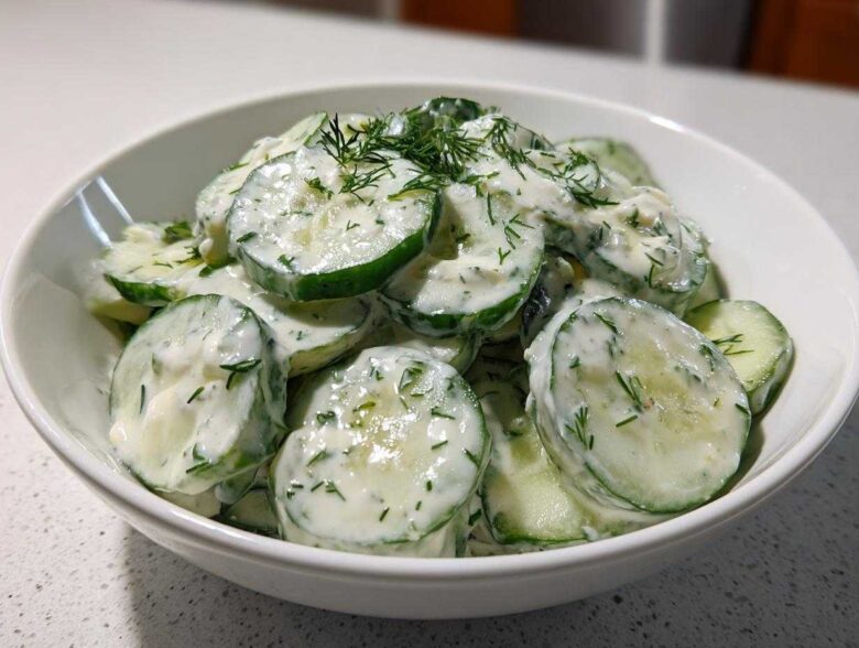 Close-up of sliced cucumbers coated in a creamy dressing and fresh dill, representing Creamy German Cucumber Salad.
