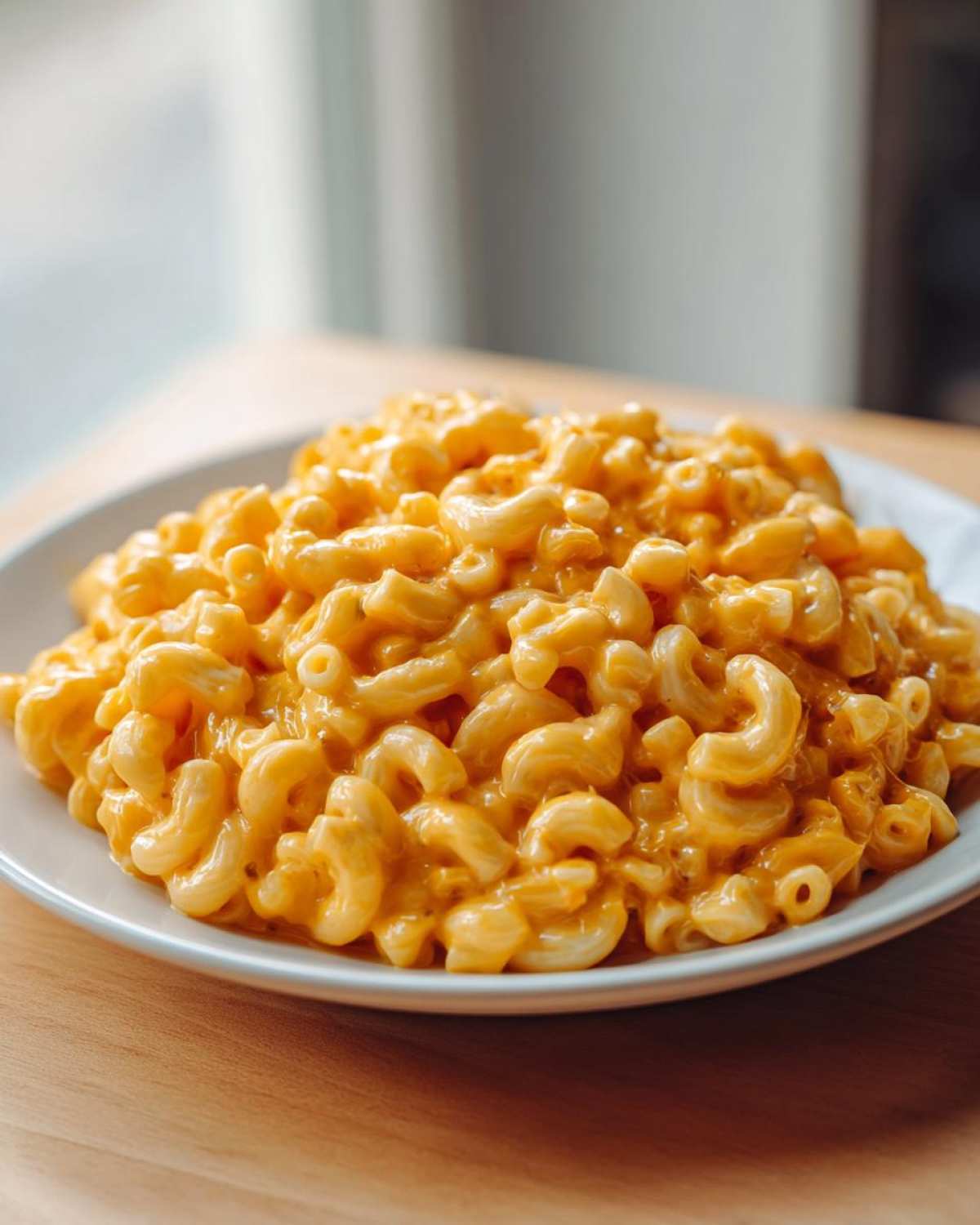 A generous serving of creamy, bright orange Instant Pot Mac and Cheese piled high on a white plate.