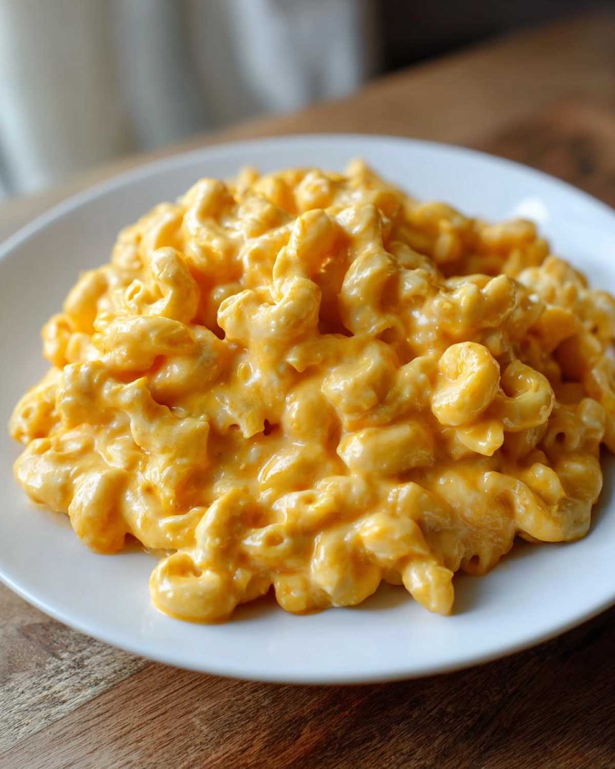 A close-up of a generous serving of creamy, bright orange Instant Pot Mac and Cheese on a white plate.