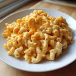 A generous serving of creamy, cheesy Instant Pot Mac and Cheese piled high on a white plate.