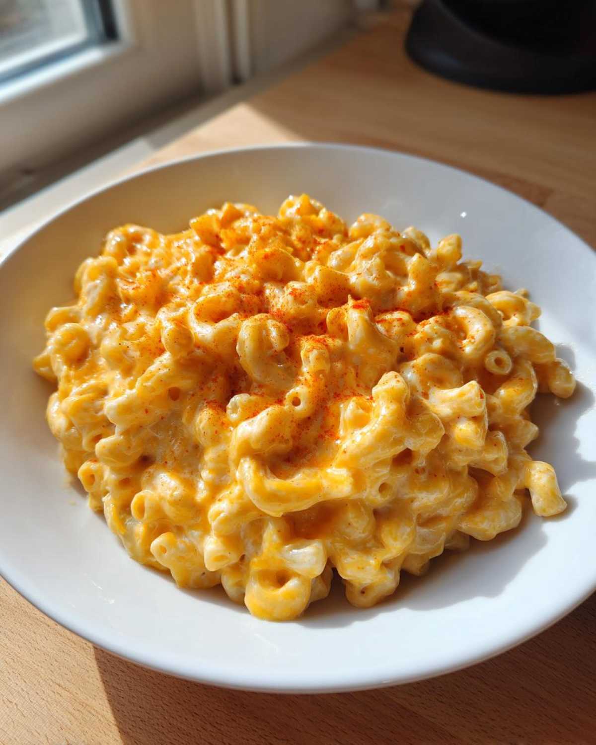 A close-up of creamy Instant Pot Mac and Cheese in a white bowl, topped with a sprinkle of paprika.