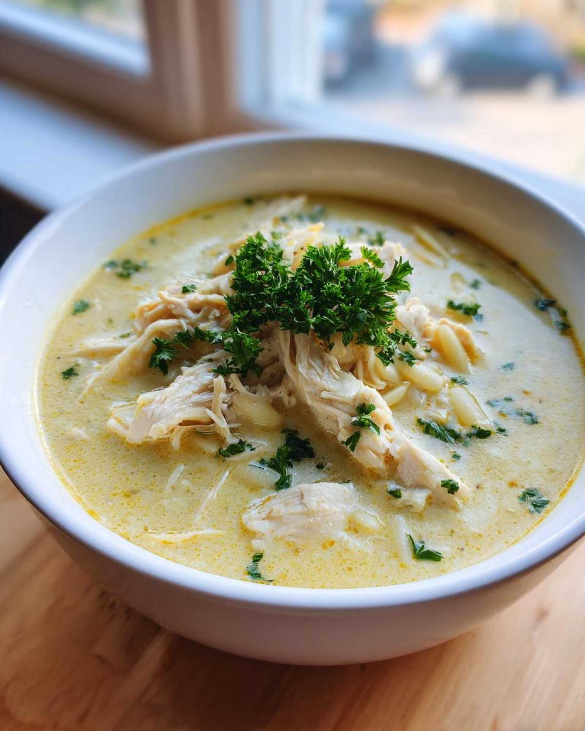 Close-up of a white bowl filled with Creamy Lemon Chicken Orzo Soup, topped with shredded chicken and fresh parsley.