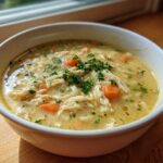 A close-up of a white bowl filled with Creamy Lemon Chicken Orzo Soup, garnished with fresh parsley.