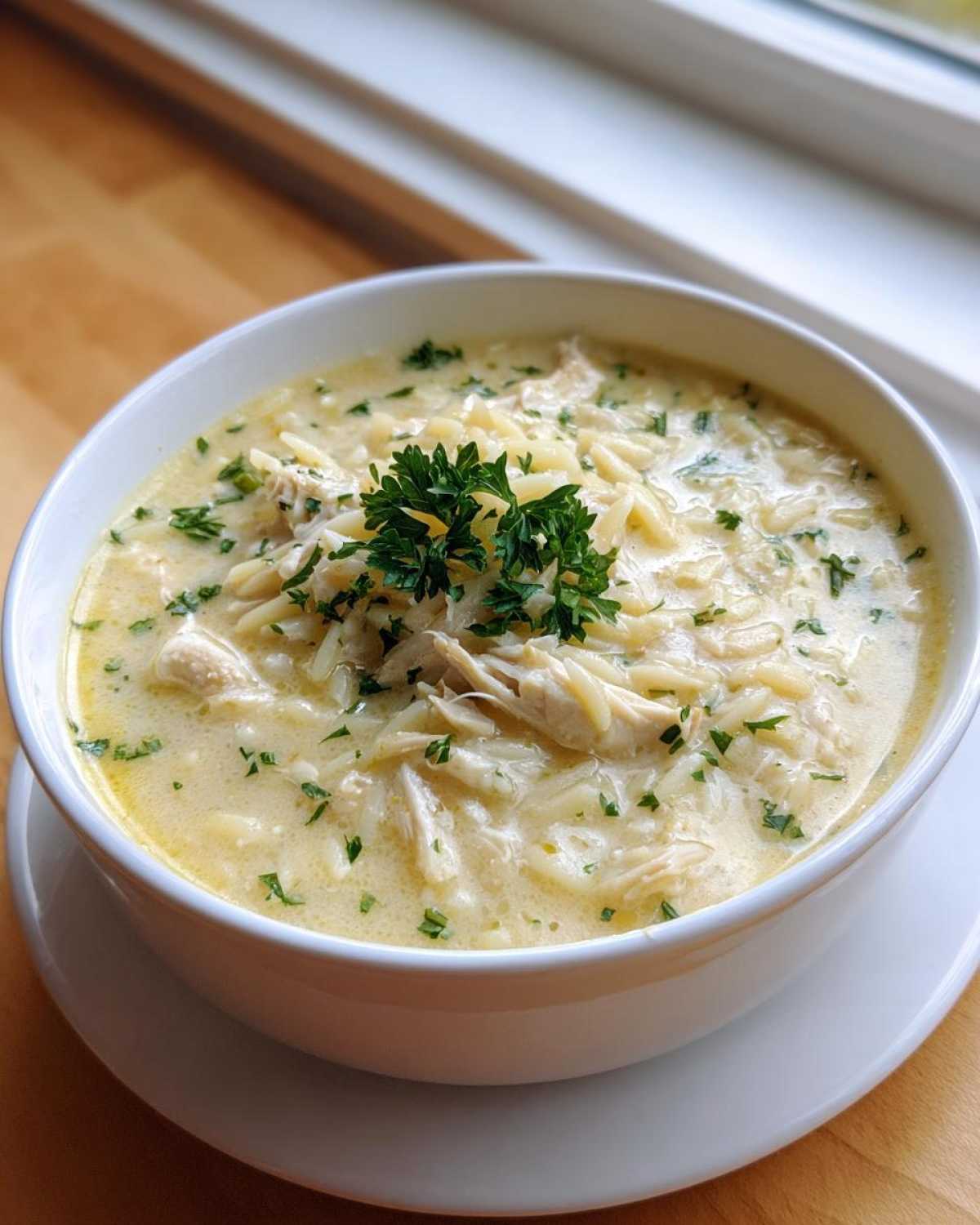 A close-up of a white bowl filled with rich Creamy Lemon Chicken Orzo Soup, garnished with fresh parsley.