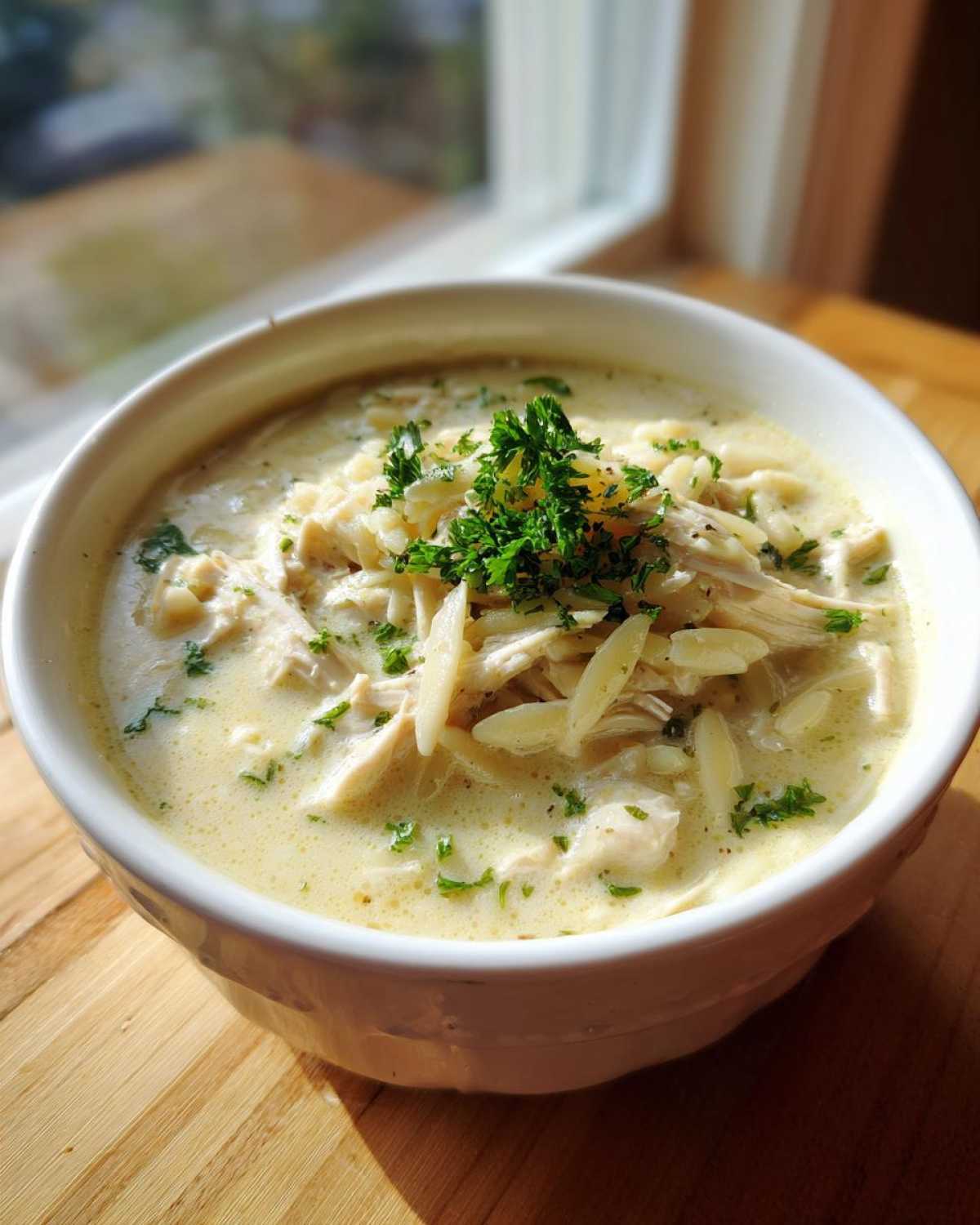 Close-up of a bowl of Creamy Lemon Chicken Orzo Soup, topped with shredded chicken, orzo, and fresh parsley.