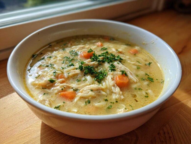 A close-up of a white bowl filled with Creamy Lemon Chicken Orzo Soup, garnished with fresh parsley.