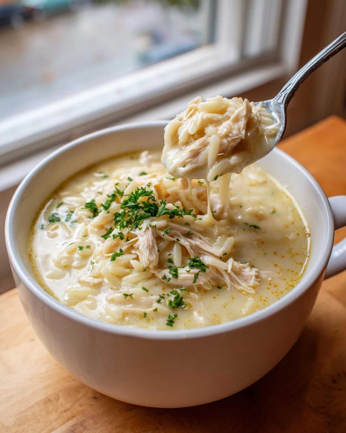 A spoonful of rich Creamy Lemon Chicken Orzo Soup showing shredded chicken and orzo pasta being lifted from a white bowl.