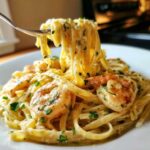 A fork lifts a swirl of fettuccine coated in creamy sauce from a plate of Creamy Lemon Garlic Shrimp Pasta with visible shrimp.
