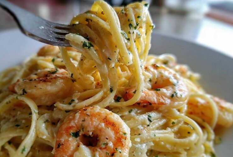 A fork twirls linguine coated in rich sauce, featuring plump shrimp in Creamy Lemon Garlic Shrimp Pasta.