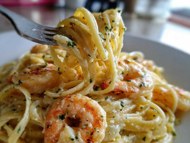 A fork twirls linguine coated in rich sauce, featuring plump shrimp in Creamy Lemon Garlic Shrimp Pasta.