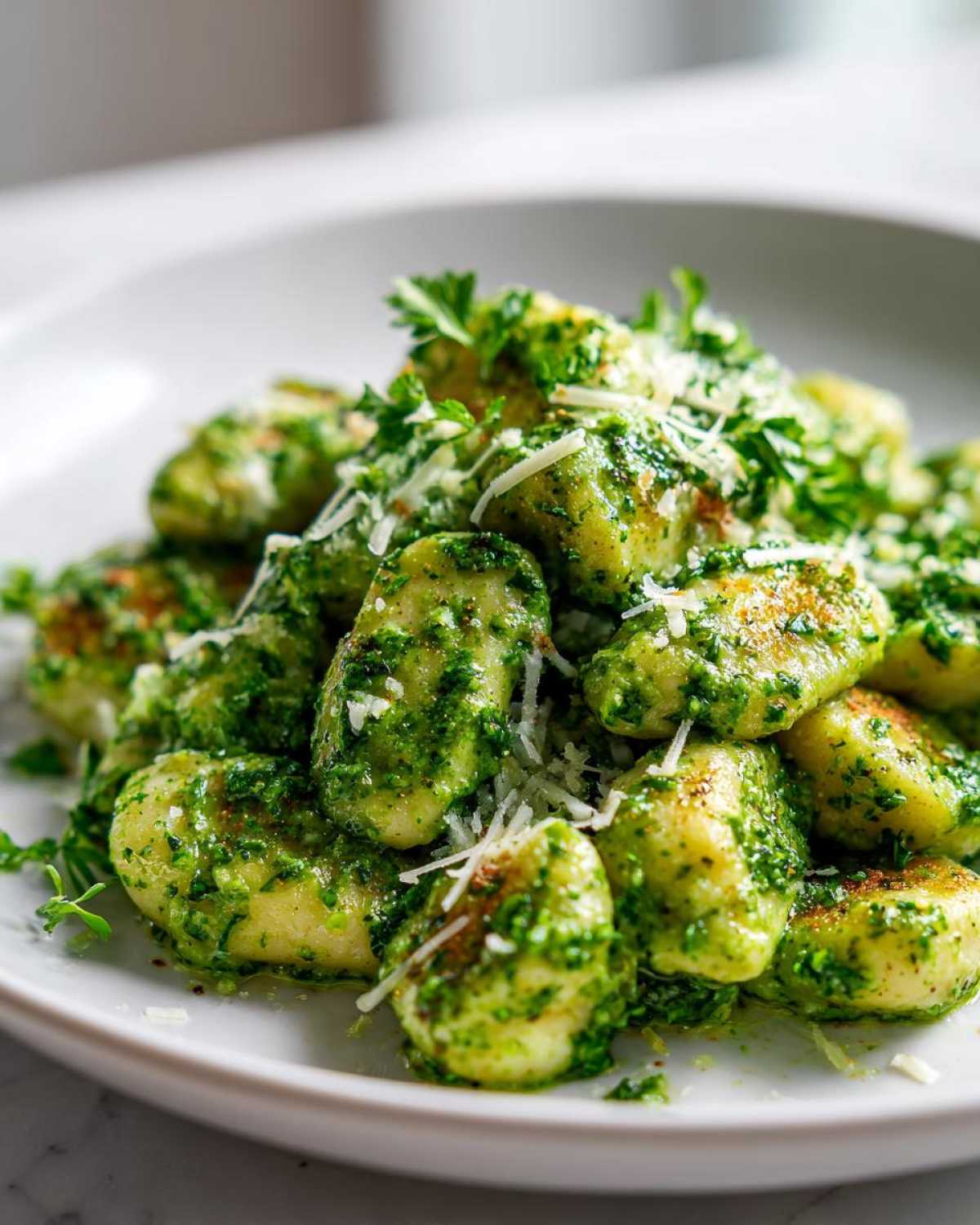 A close-up shot of fluffy gnocchi coated in vibrant green pesto sauce, topped with grated Parmesan and fresh parsley, representing Creamy Pesto Gnocchi.